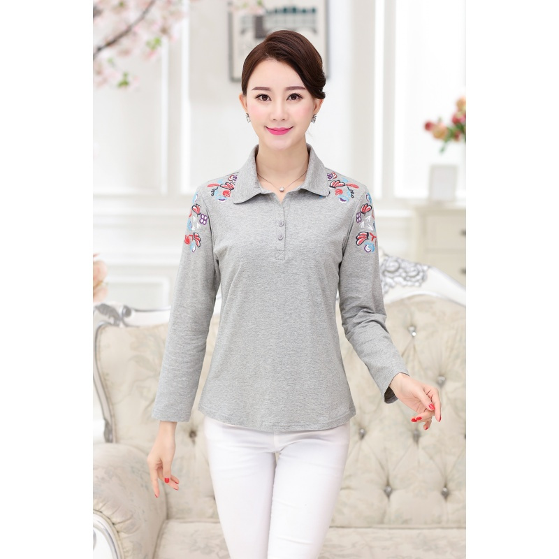 洛芊中年女士大码全棉长袖t恤秋新品妈妈装中老年季女装翻领上衣