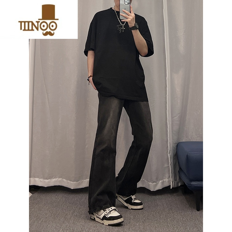 YANXU复古黑色牛仔裤男款美式高街vibe裤子穿搭ootd薄款直筒修身微喇裤