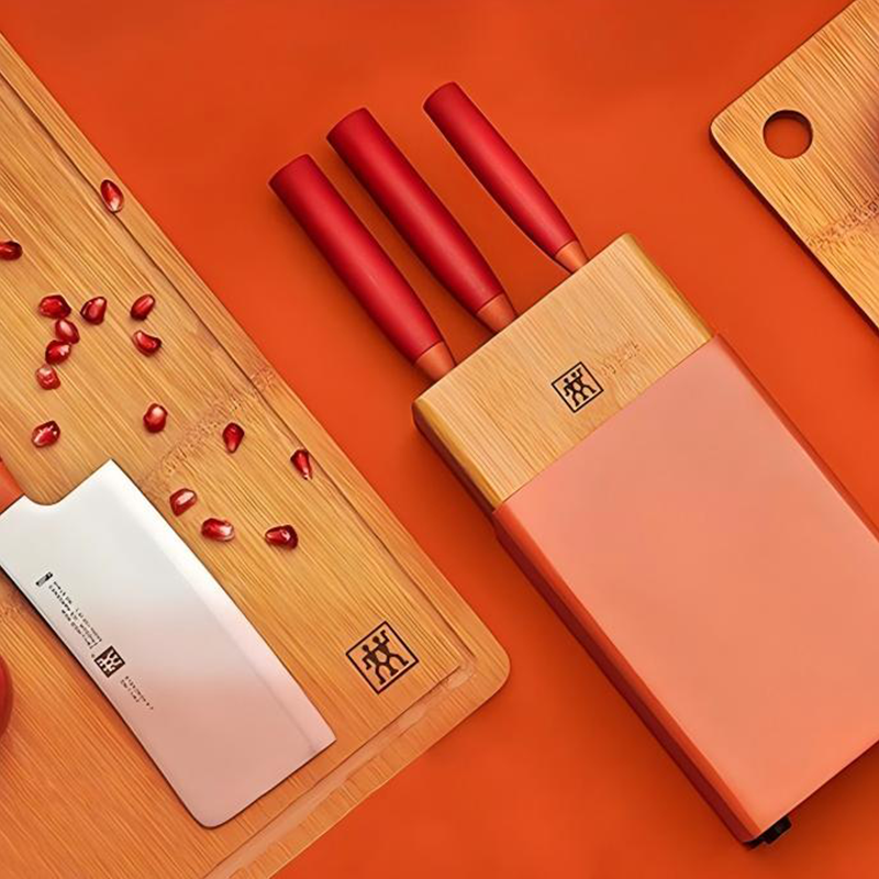 双立人54350-000-722系列刀具5件套(石榴) 中片刀+多用刀+砍刀+蔬果刀+刀架高清大图