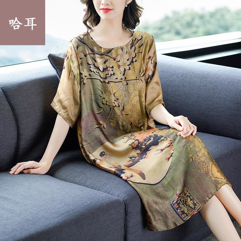 女长款连衣群香云纱连衣裙夏2019新款大码女装中年高贵妈妈装中长裙原创连衣裙 2019年秋季中老年妇女连衣裙图片
