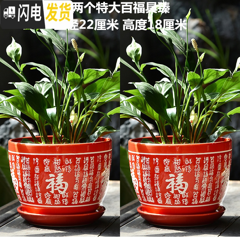 三维工匠中国风大红花盆陶瓷大号带托盘特大号带福字喜庆创意绿萝花盆 全套特大百福具臻3件套 大花盆容器高清大图