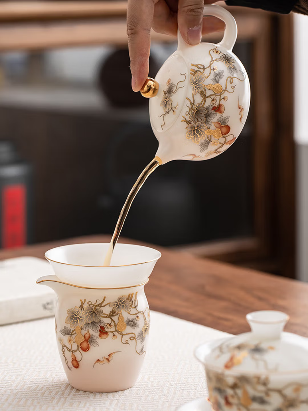 金镶玉冰种玉瓷功夫茶具套装 陶瓷茶壶福禄设计 500mm大容量2kg重奢感茶器高清大图