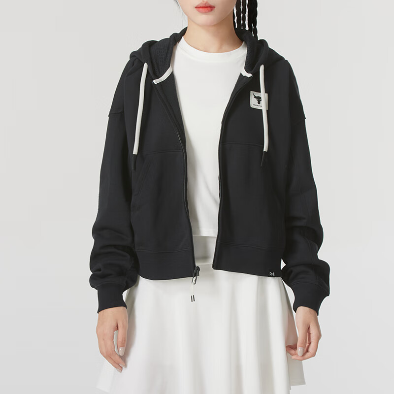 安德玛(Under Armour)针织夹克女装新款简约宽松舒适休闲保暖连帽上衣外套1373589-001 ZP高清大图