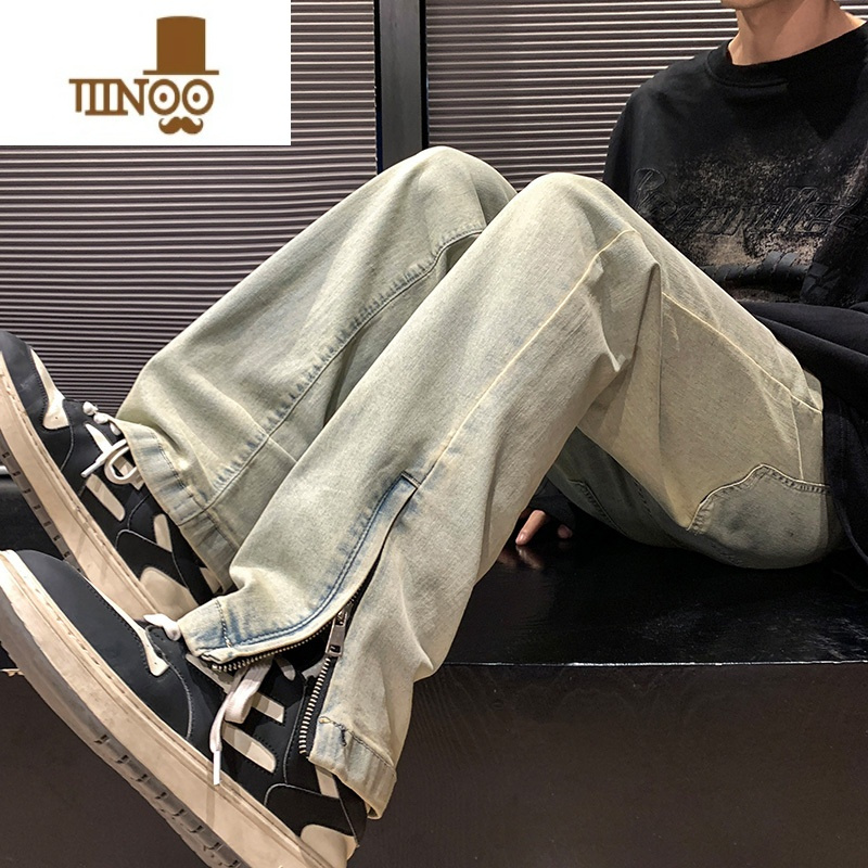 YANXU牛仔裤男夏季新款美式高街vibe水洗做旧裤脚拉链开叉直筒休闲长裤