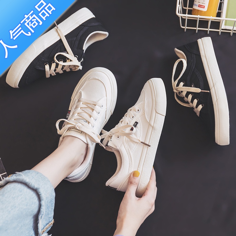 SUNTEK白色帆布鞋女2023年新款春夏秋季小众百搭小白鞋平底休闲板鞋高清大图