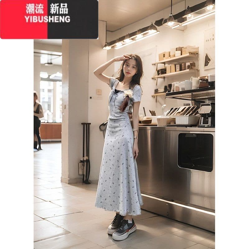 YIBUSHENG假两件蝴蝶结印花连衣裙2024新款女季修身收腰包臀裙a字长裙子图片