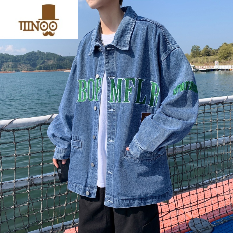 YANXU新款男生牛仔外套日系潮牌ins潮流痞帅宽松百搭翻领刺绣夹克高清大图
