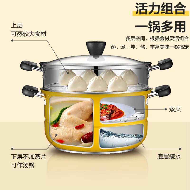 苏泊尔真味鲜不锈钢双层复底蒸锅(活力黄)EZ26BS08高清大图