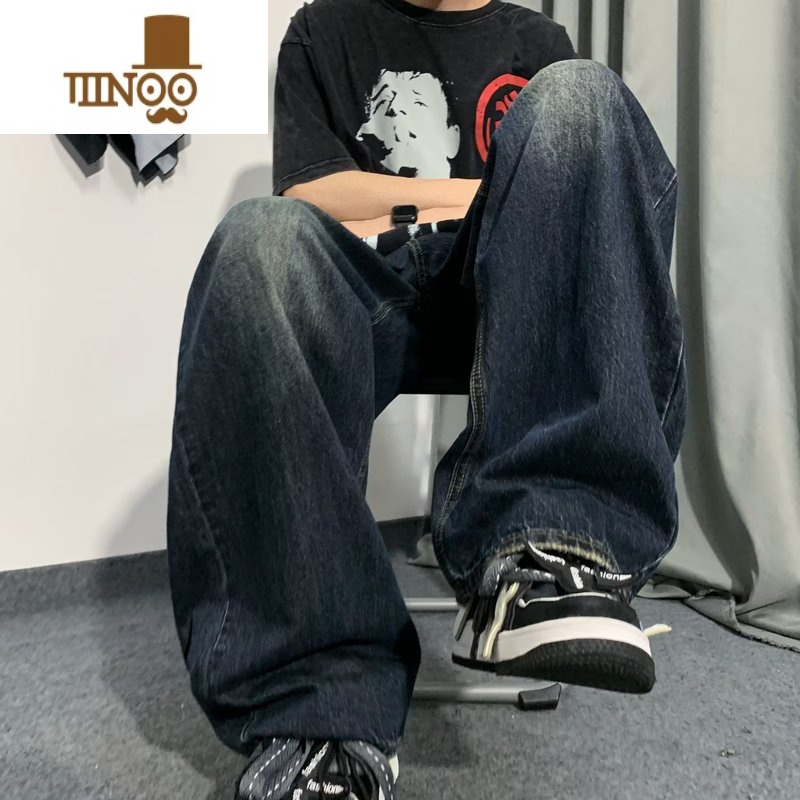 YANXU水洗做旧牛仔裤男款美式高街复古宽松阔腿裤痞帅街头垂感休闲长裤高清大图