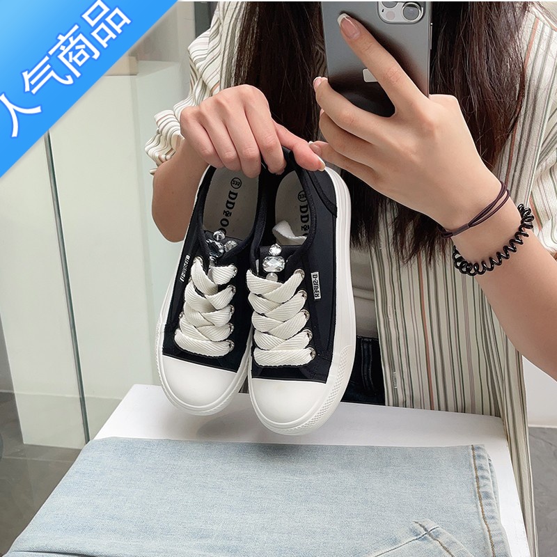 SUNTEK帆布鞋女2023新款夏季薄款透气网面网鞋厚底百搭配裙子小白鞋高清大图