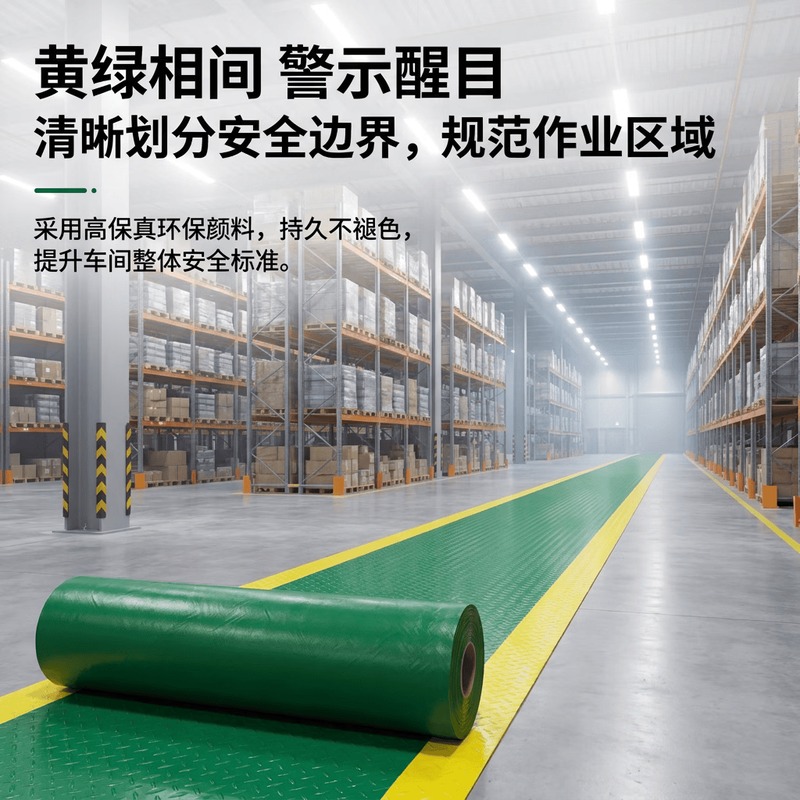 匹牧工业级加厚PVC绿黄安全警示通道地垫耐磨阻燃防水防火工厂车间可定制2m宽×1m长(多拍不裁断)高清大图