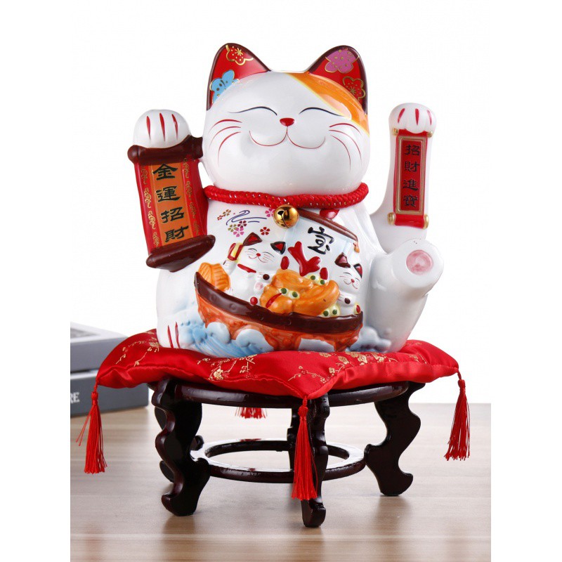 摇手陶瓷猫摆件日本特大号电动发财猫家居店铺开业礼品收银台 三维工匠 14寸672金运红垫款猫高清大图
