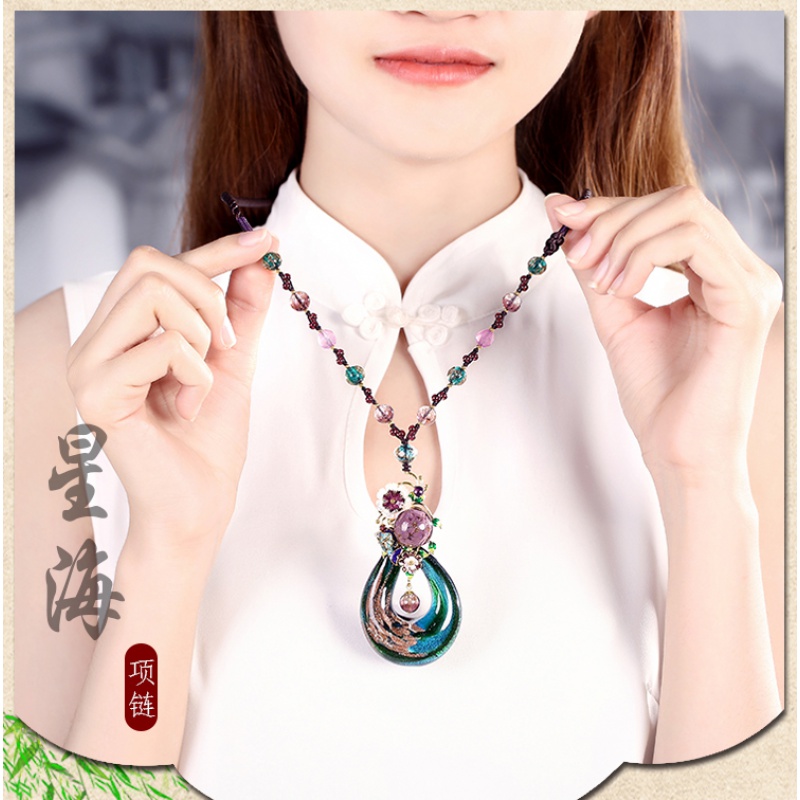 chunmi毛衣链长款百搭高端大气琉璃景泰蓝吊坠款毛衣挂件项链配饰女