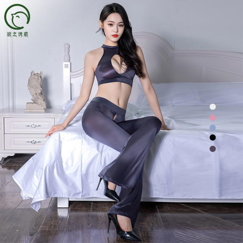 情趣内衣欲之诱惑透视超薄高弹拉链免脱开档喇叭裤多色情趣内裤女 蓝色 均码