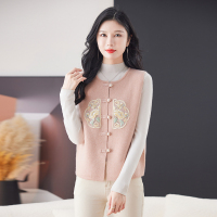 恒源祥秋冬厚款针织衫2024冬新款无袖圆领花卉图案背心纽扣开衫 175/96A/XL 粉色