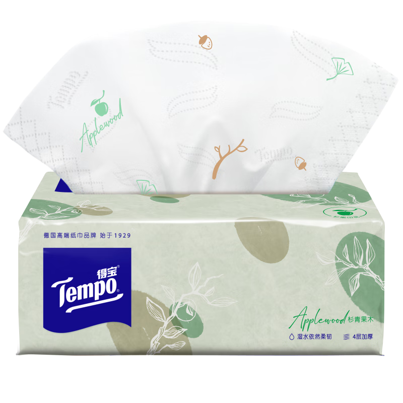 得宝(Tempo)90抽四层湿水不易破(苹果木味)抽取式纸面巾1*18 1箱T2280-A