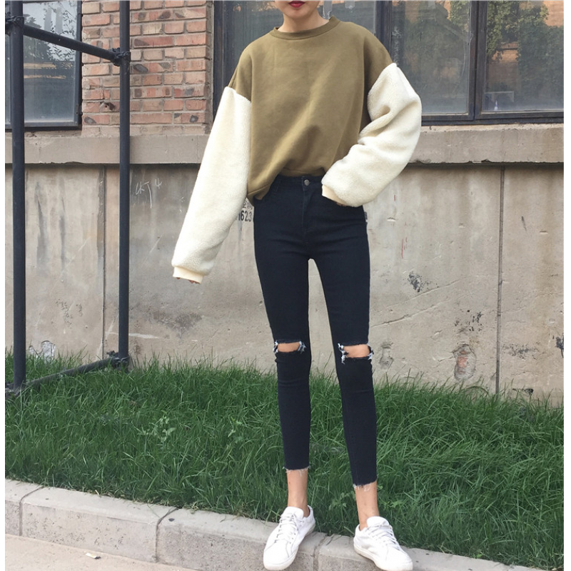 春秋女装韩版百搭高腰显瘦弹力破洞牛仔裤紧身小脚裤九分裤铅笔裤黑色