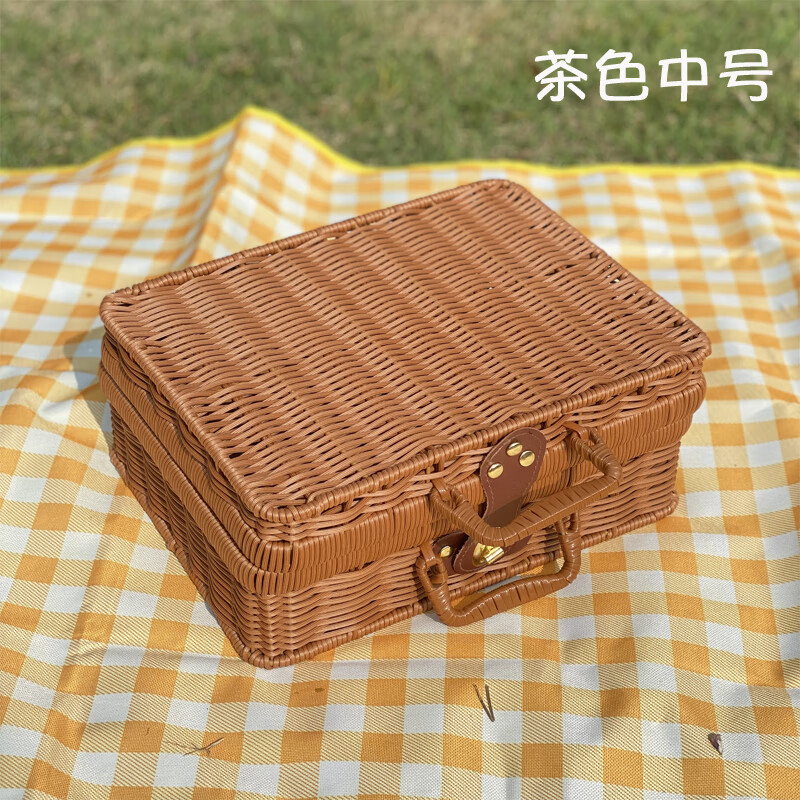 手工仿藤编手提箱复古收纳箱野餐篮储物行李箱拍摄道具伴手礼品盒 茶色中号30cm*21cm*13cm
