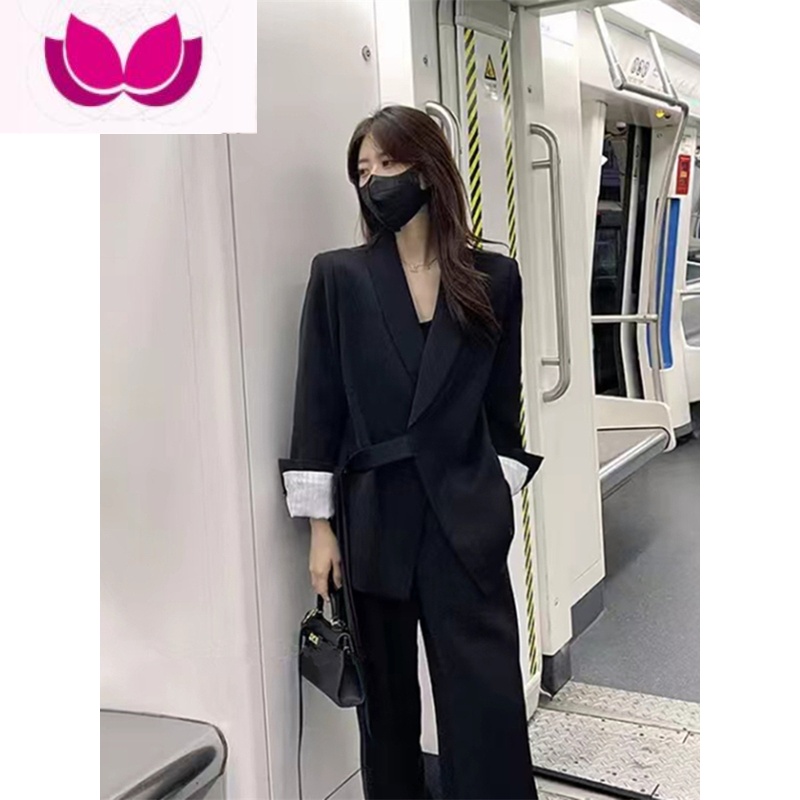 七斓轻奢高级感西装外套阔腿裤套早春穿搭2023新款休闲西服套装女 L 黑色两件套优质现货