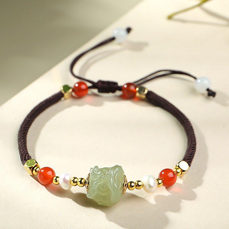 印象眸和田玉手绳萌狮搭配玉髓编织女款手链两款可选附送证书参数