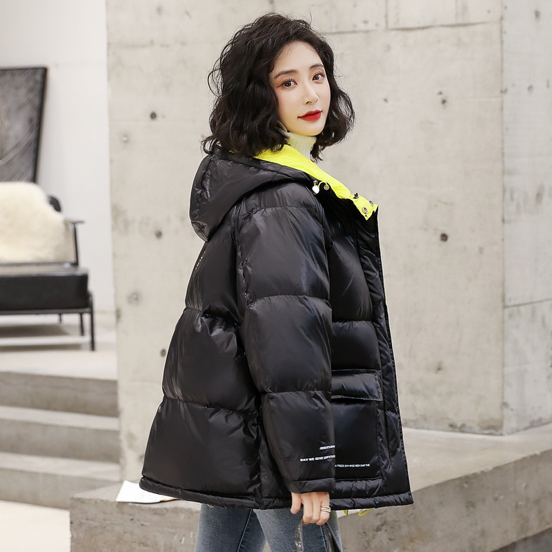 高梵亮面短款羽绒服女2019新款时尚面包服撞色冬季白鸭绒保暖外套