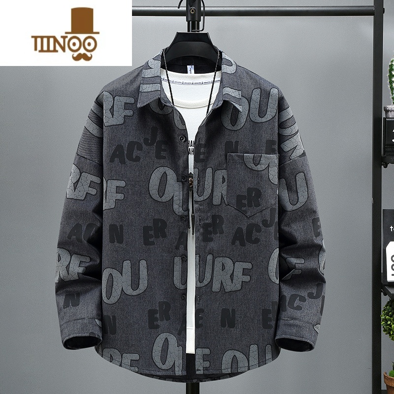 YANXU男士新款衬衫外套时尚大码男装宽松休闲潮牌牛仔夹克男加肥加大号高清大图