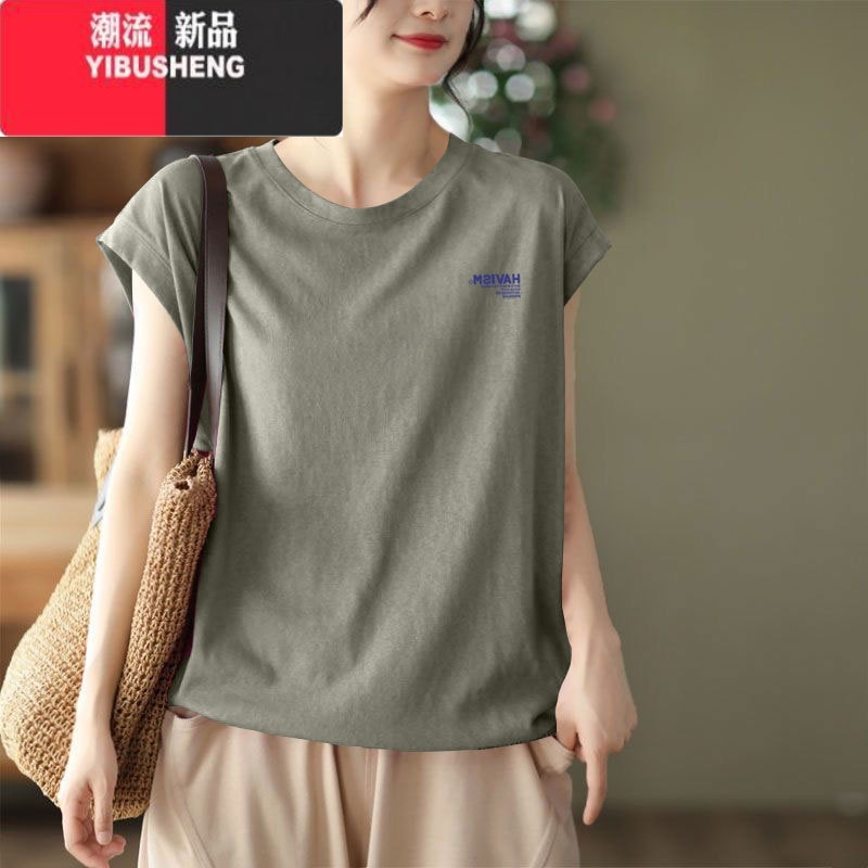 YIBUSHENG装圆领t恤女宽松2024新款休闲百搭印花设计感女士无袖上衣高清大图