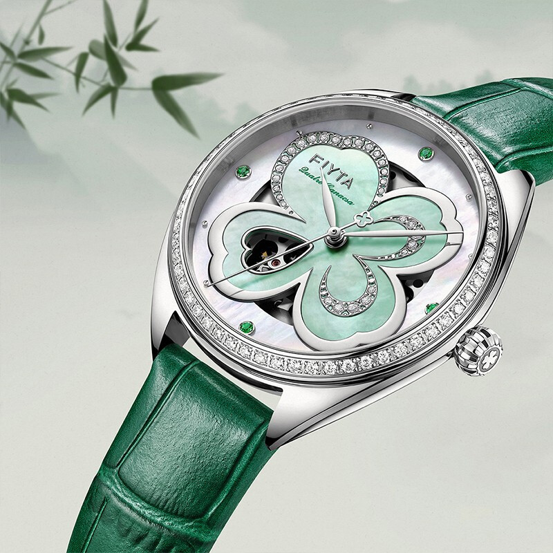 商场同款飞亚达fiyta四叶草系列女士机械表青绿渐变贝母镂空盘面手表