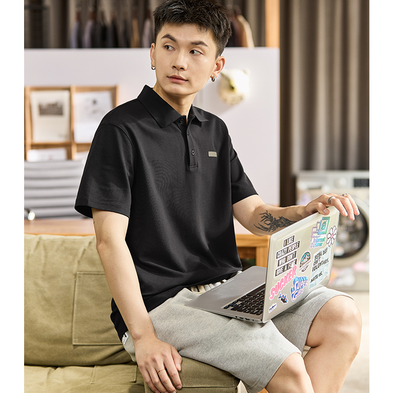 唐狮夏季新款polo衫男士短袖黑色宽松上衣带有翻领t恤纯色男潮牌_73 M 黑色