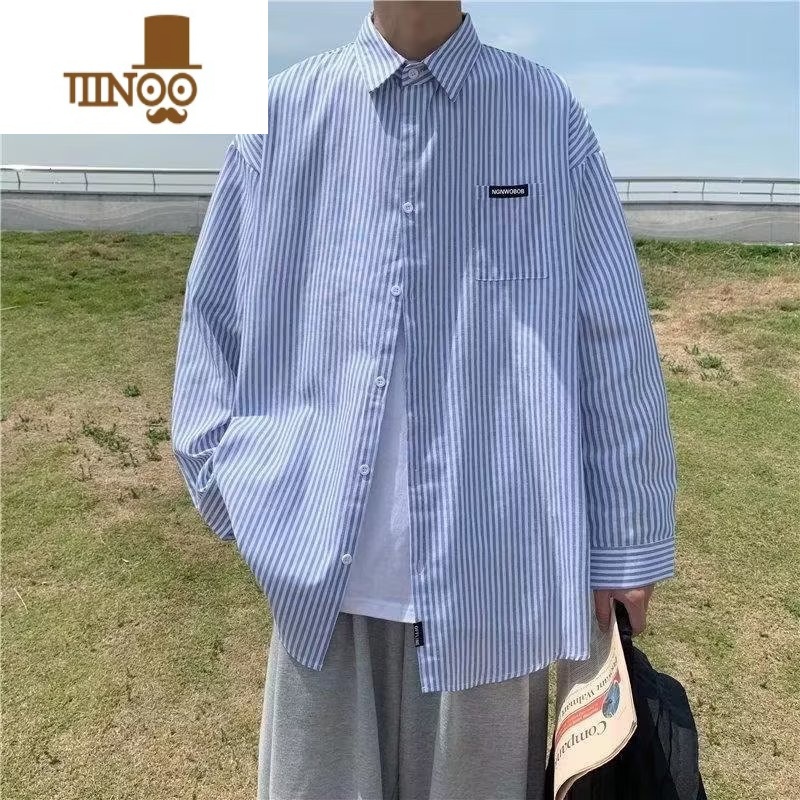 YANXU日系条纹长袖衬衫男士秋季港风宽松胖子加肥加大码感衬衣外套高清大图