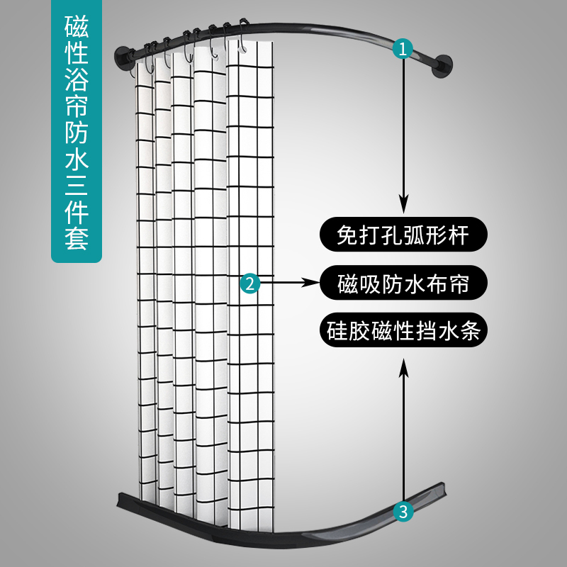 浴帘杆免打孔浴帘套装弧形u形卫生间转角伸缩杆l型浴室不锈钢磁性 D款伸缩(烤漆黑)+240*200高浴帘