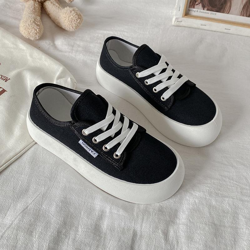 马卡龙色帆布鞋女可爱日系风厚底百搭圆大头ins潮圆头低帮小白鞋白色