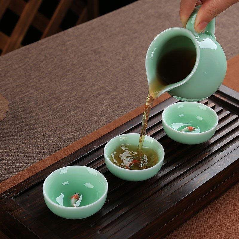 龙泉青瓷茶具套装功夫茶具茶壶盖碗茶杯茶道茶洗整套居家鱼杯生活日用家居器皿水具水杯
