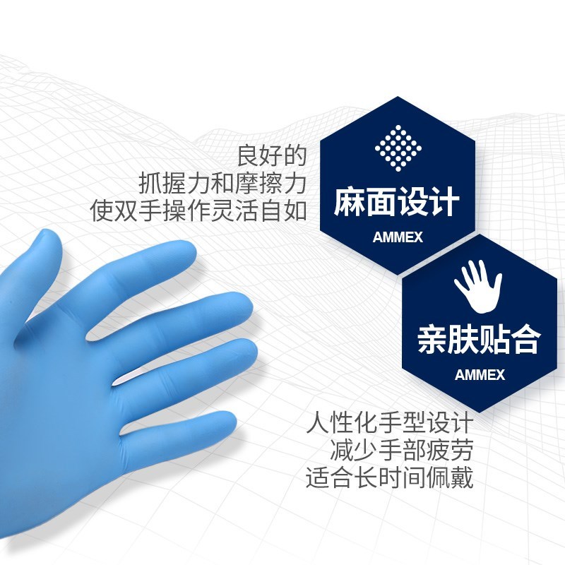 一次性丁腈手套加厚防水防滑橡胶手套蓝色100支/盒S码 单位:盒