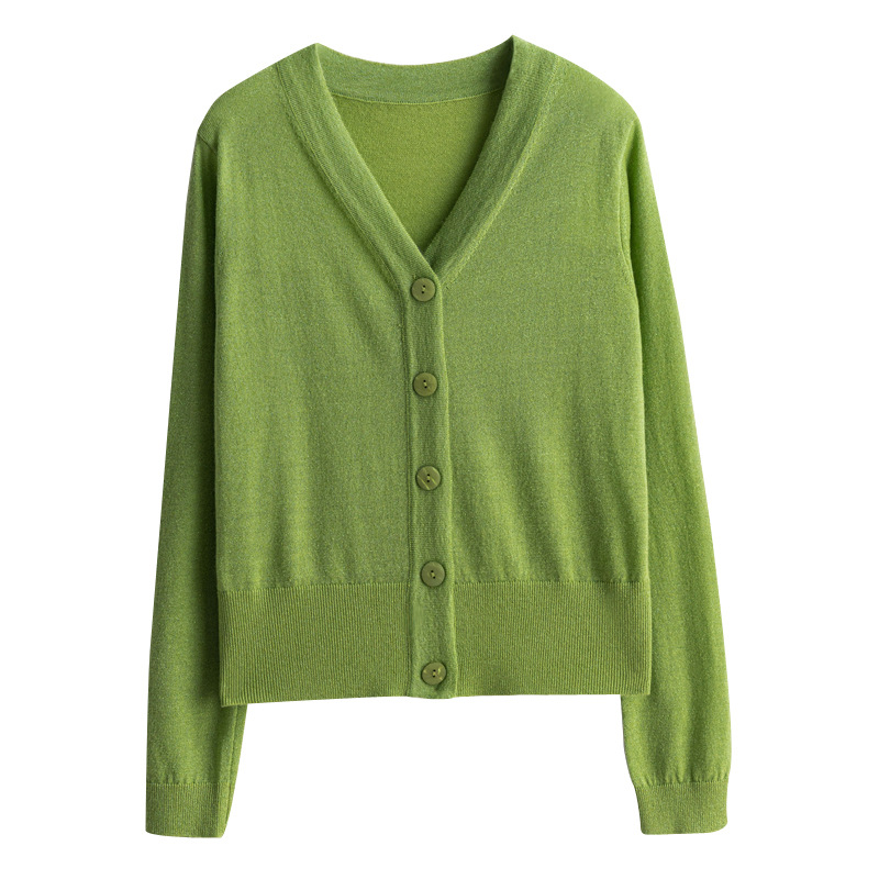 亮丝长袖针织开衫女短外套v领薄款毛衣春秋宽松百搭洋气上衣毛衫高清大图