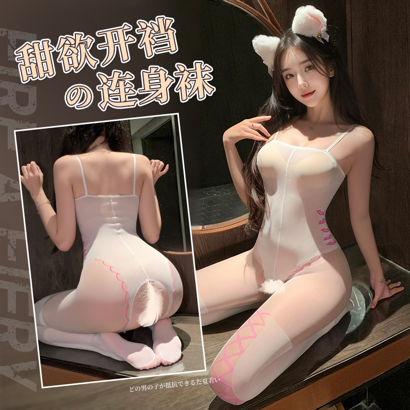 霏慕 甜欲机车感开裆连身袜免脱性感情趣内衣透明吊带黑丝袜7566