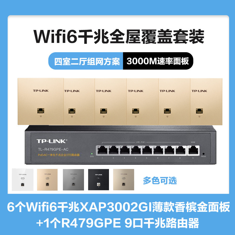 TP-LINK全屋覆盖WIFI6四室二厅3000M 5G双频无线面板AP套装6个wifi6面板XAP3002GI薄款(方)香槟金+9口千兆一体化路由器智能家居大户型复式别墅家庭组网高清大图