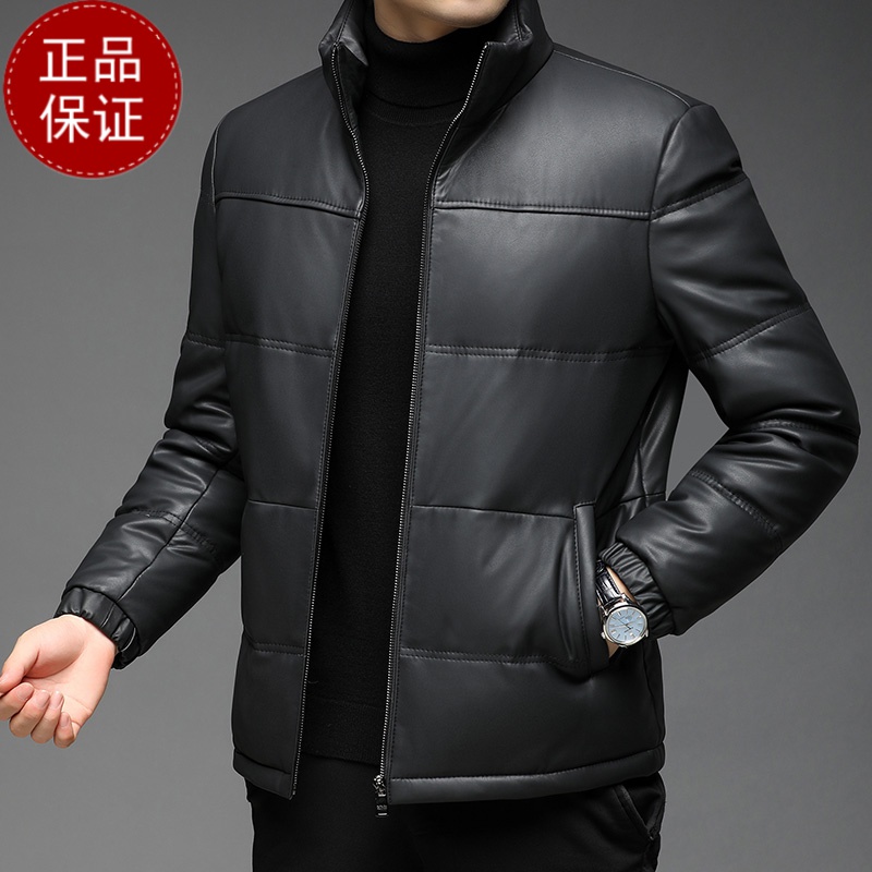 免费试穿 海宁头层100%绵羊皮羽绒服立领纯色拉链皮袄保暖夹克真皮羽绒服男装外套新款年春秋季新款舒适外套潮真皮皮衣高清大图