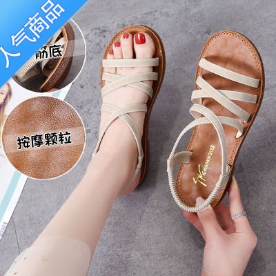 SUNTEK牛筋底2023夏季新款鞋子软底平底鞋时尚凉鞋学生罗马鞋沙滩鞋女鞋 米.牛筋底 37正码