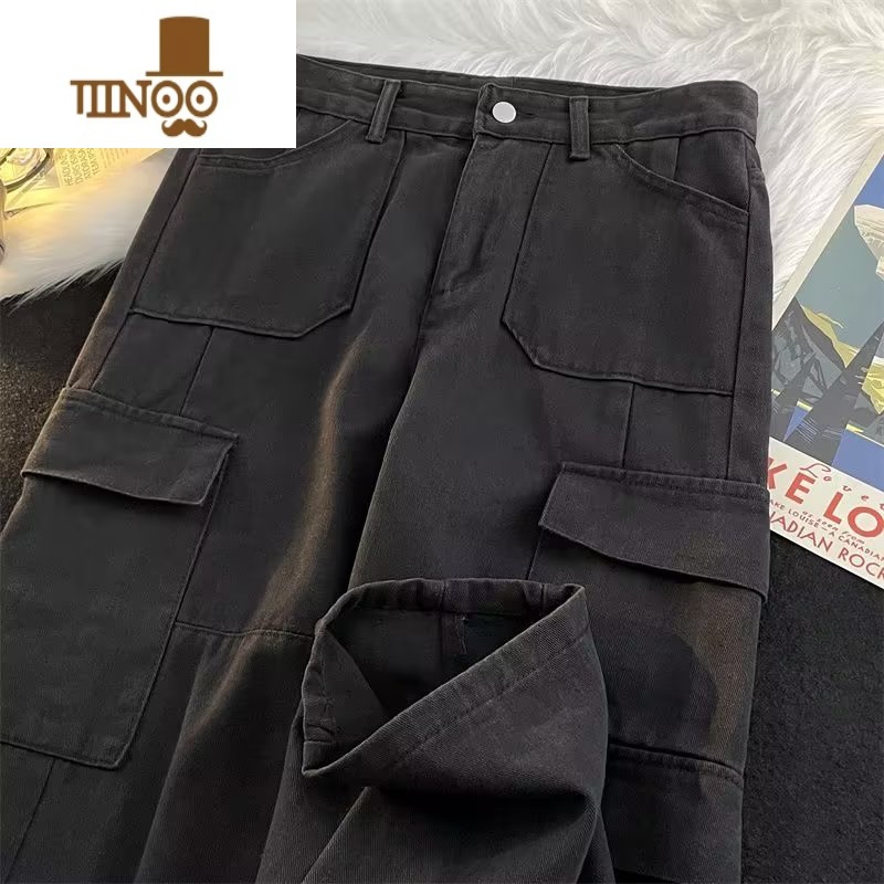 YANXUins潮牌美式多口袋工装牛仔裤男女街头复古直筒裤日系水仔牌袋男高清大图