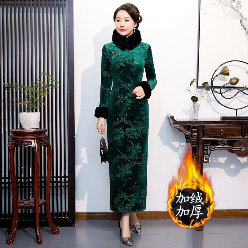 冬季新款加绒加厚旗袍女长款修身气质旗袍连衣裙日常走秀婚礼服