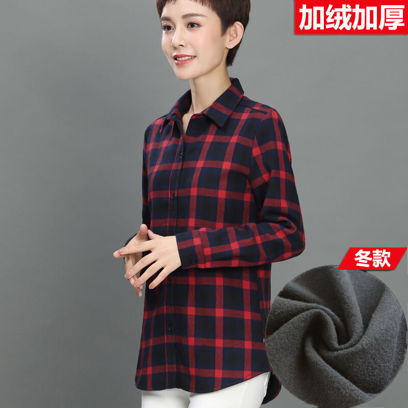 迪鲁奥（DILUAO)新款女装【品质保障】秋冬季中年女装大码妈妈宽松休闲格子衬衫女长袖30-40岁衬衣上衣_357 红格(加绒款) 3XL