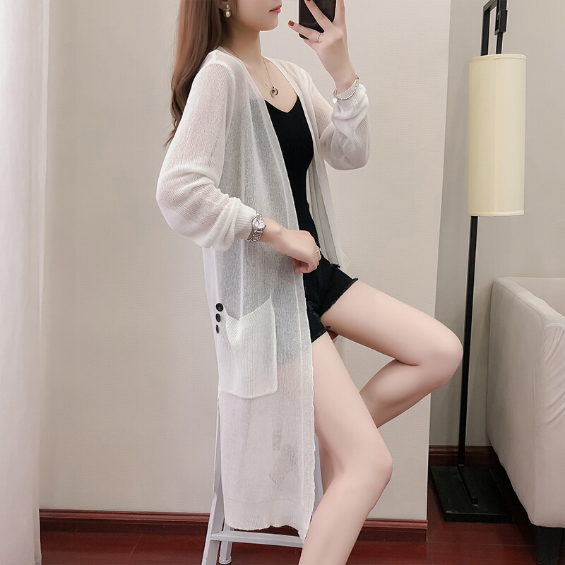 2018夏季新款纯色冰丝薄款中长款针织衫防晒衣开衫女空披肩外搭