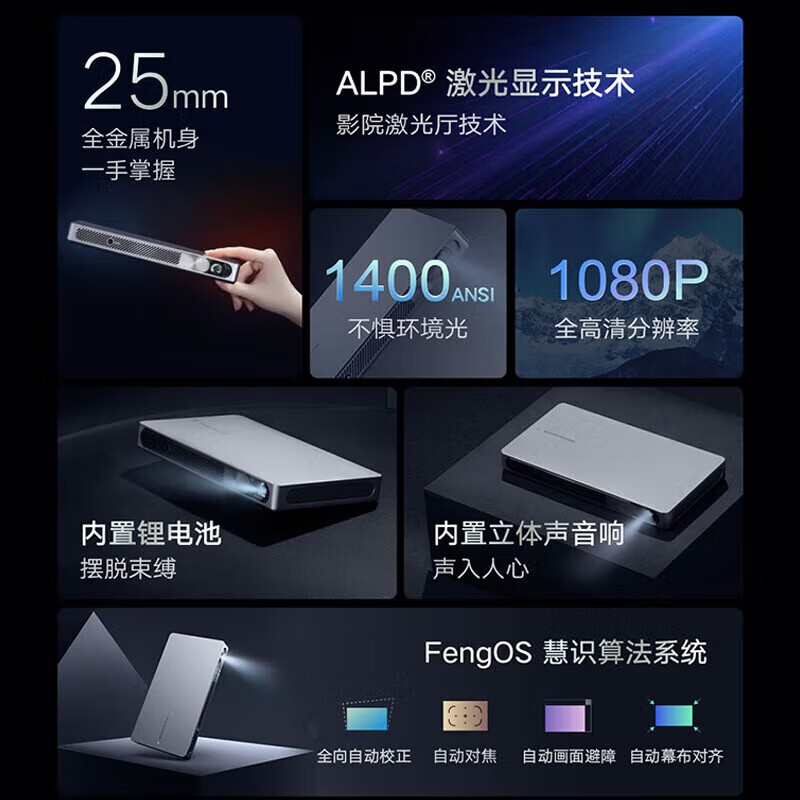 峰米P7000激光投影仪L065FCN小巧便携1080P高清家用卧室客厅网课学习游戏娱乐智能无屏电视家庭影院户外露营高清大图