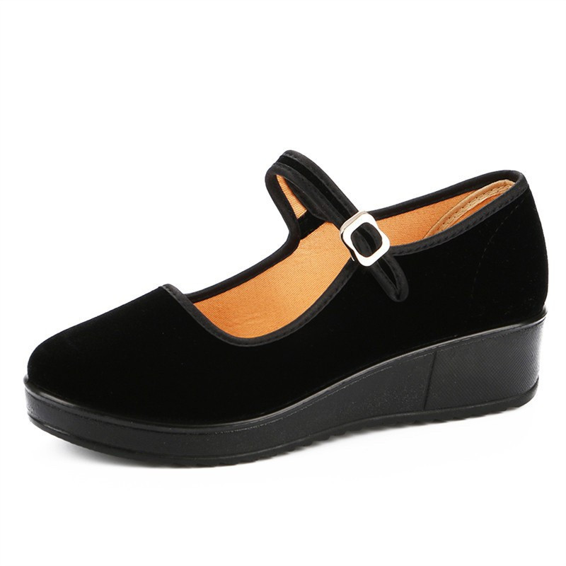 娜瑟薇老北京布鞋工作单鞋女平底坡跟松糕一字带酒店上班礼仪舞蹈黑