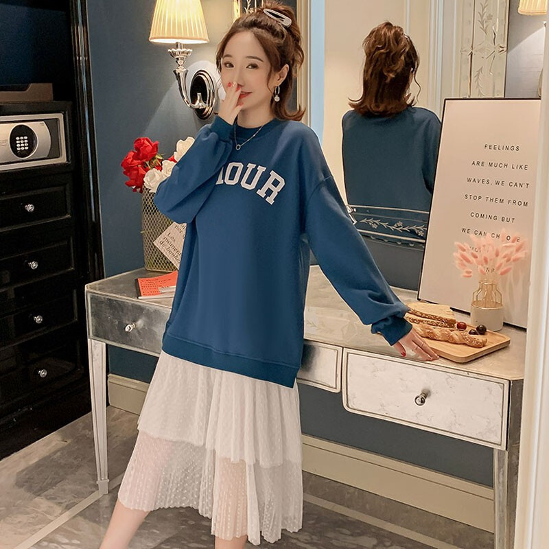 迪鲁奥(DILUAO)孕妇装2021秋冬新款孕妈装潮妈时尚小香风假两件连衣裙纯棉上衣孕妇裙子