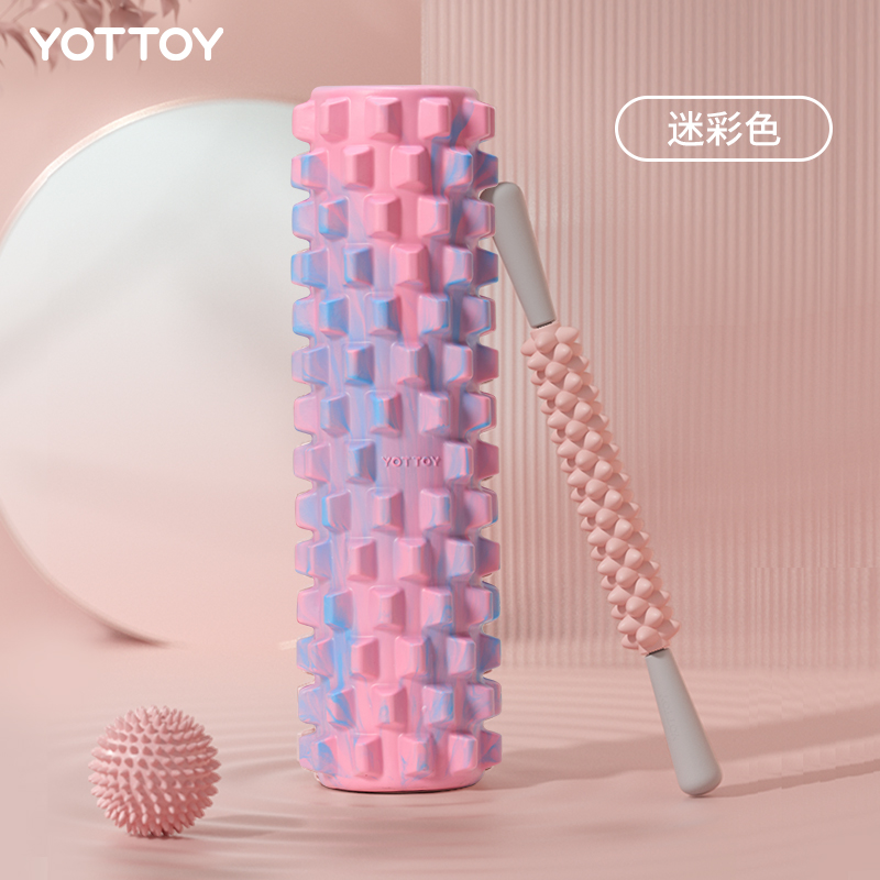 yottoy狼牙棒实心健身器材泡沫轴肌肉放松按摩滚轴轮琅琊瑜伽柱三件套 迷彩色