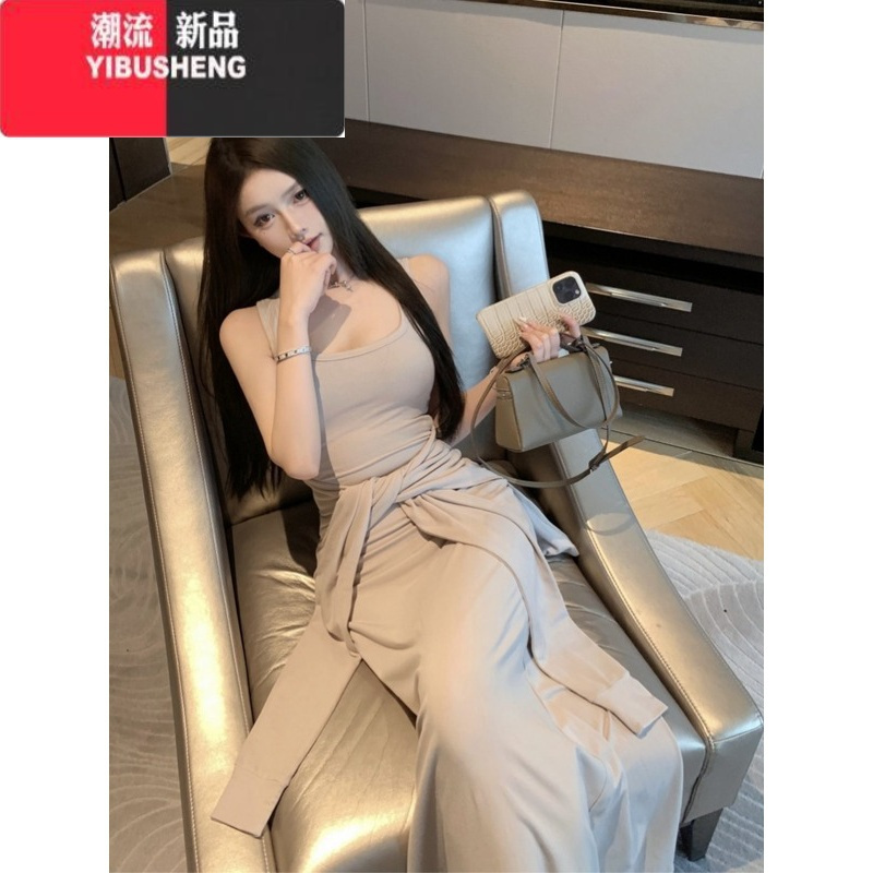 YIBUSHENG假两件绑带修身背心连衣裙女装季蓝色气质长裙显瘦收腰a字裙子