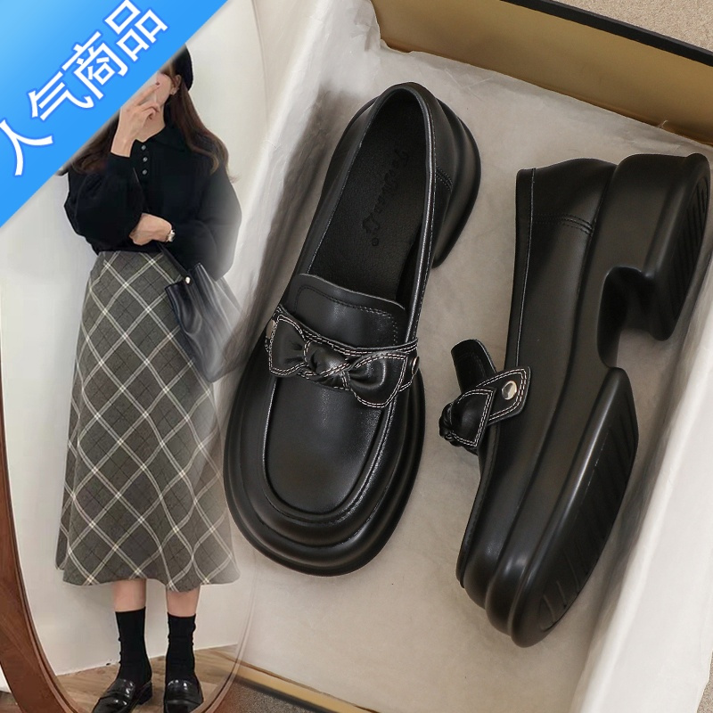 suntek小皮鞋女高跟春秋英伦风黑色33软底34小码工作厚底轻便乐福鞋