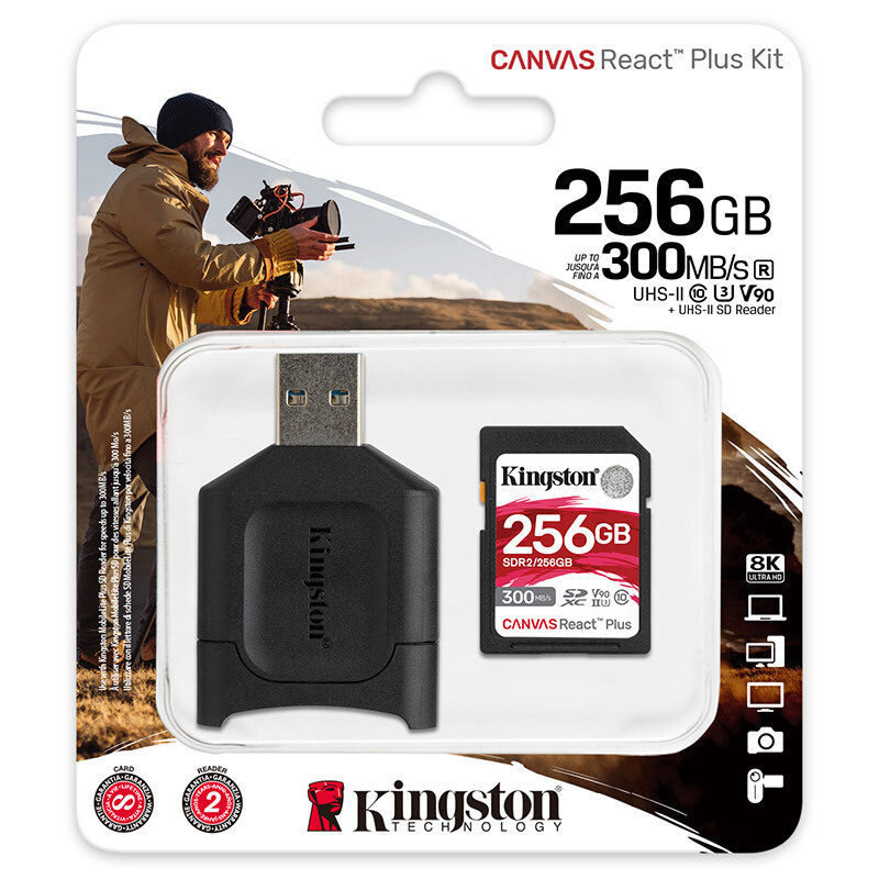 金士顿(Kingston)256G U3 V90内存卡 SD存储卡 读速300M/s 支持8K视频附带UHS-II读卡器